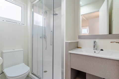 Modern bathroom at a lodge with glass shower, toilet, large sink under mirror, and natural lighting.
