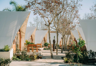 Moderne glampingtenten met buitenterras en bomen bij Hanna op Camping Costa del Sol Glamping Village in Spanje.