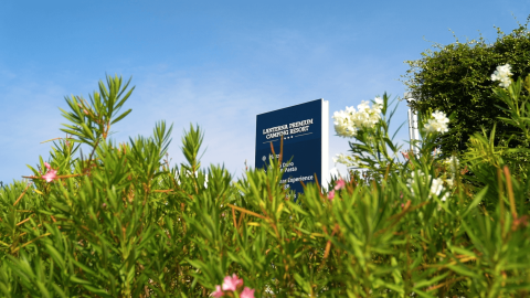 Il cartello del Lanterna Premium Camping Resort spicca tra cespugli e fiori sotto un cielo azzurro in Istria.