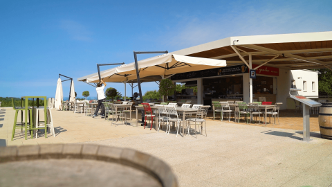 Area esterna del bar al Camping Lanterna in Istria, Croazia, con tavoli, sedie e grandi ombrelloni al sole.