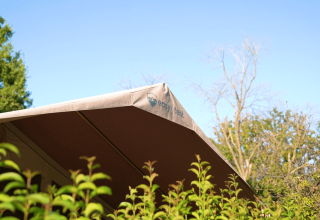 Primer plano de una tienda con la inscripción 'easy tent' en Camping Valkanela, Istria, Croacia, rodeada de plantas.