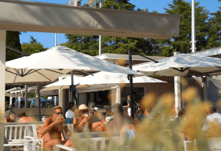 Ferieparkens udendørs café med afslappede gæster under parasoller, Camping Valkanela, Istrien, Kroatien.