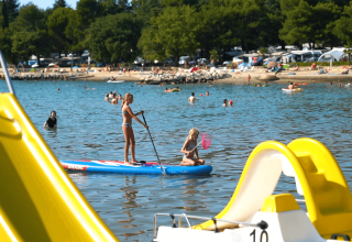 Kinder spielen auf einem Paddleboard im Wasser bei Camping Valkanela in Istrien, Kroatien, mit Strand und Bäumen.