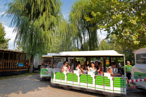 Familias disfrutan de un paseo en tren turístico en Altomincio Family Park, rodeadas de árboles verdes en Lombardía.