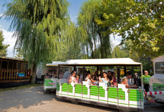 Families enjoying a ride on a tourist train at Altomincio Family Park, surrounded by lush trees in Lombardy.