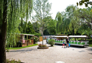 Parco vacanze in Lombardia con famiglie sul trenino turistico verde tra alberi e casette di legno.