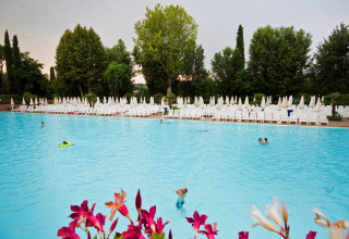 Udendørs swimmingpool i Altomincio Family Park, Lombardiet, Italien, med solsenge og parasoller.
