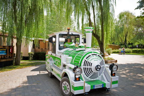 Un tren turístico verde y blanco circula por Altomincio Family Park entre árboles en Lombardía, Italia.