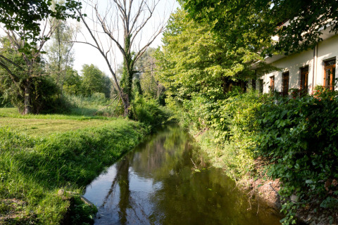 Tranquil stream at Altomincio Family Park in Lombardy, Italy, bordered by lush greenery and a building.