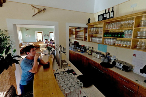 Man drinking at the bar in Camping Bella Austria, Styria, Austria, with glasses and bottles on shelves.