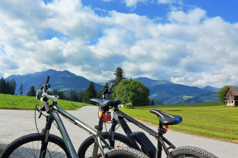 Deux vélos sur une route avec vue sur les montagnes et prairies au Camping Bella Austria en Styrie, Autriche.