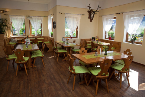 Luminoso ambiente da pranzo al Camping Bella Austria con sedie in legno, cuscini verdi e piante decorative.