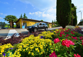 Aiuole fiorite e auto all'ingresso del Camping Bella Italia, parco vacanze in Veneto, Italia.