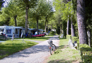 Scena campeggio con tende, roulotte, biciclette e alberi al Camping Bella Italia in Veneto, Italia.