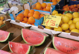 Udvalg af friske frugter, herunder vandmelon, appelsiner og citroner, på et marked i Camping Bella Italia, Veneto.