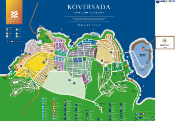 Mapa del Resort Koversada en Croacia, mostrando la ubicación de la Safari Tent Luxury y servicios del camping.