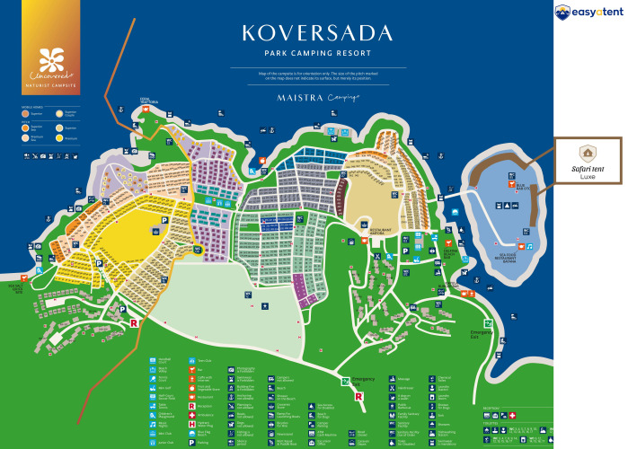 Carte du Koversada Camping Resort en Croatie, localisant la Safari Tent Luxury et les installations du site.