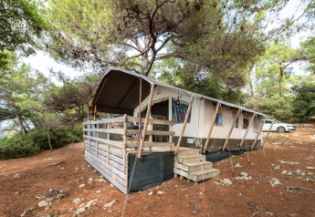 Safari Tent Luxury at Koversada Camping Resort in Croatia, nestled among pine trees in a forest setting.