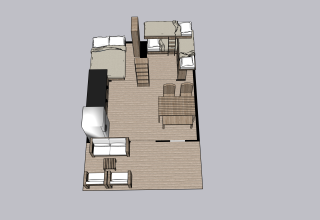 Modelo 3D de una tienda safari con zona de asientos, mesa de comedor, cama doble y litera en el interior.