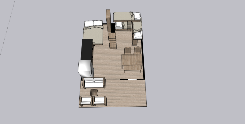 Modelo 3D de una tienda safari con zona de asientos, mesa de comedor, cama doble y litera en el interior.