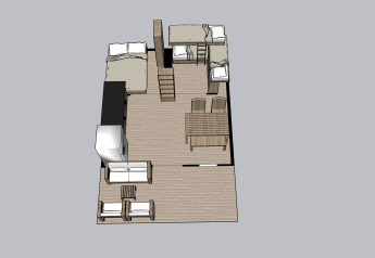 3D-model van een safaritent interieur met zithoek, eettafel, tweepersoonsbed en stapelbed.