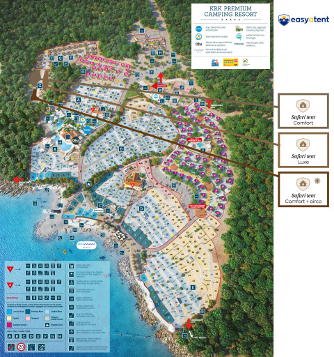 Mapa del KRK Premium Camping Resort con ubicaciones de tiendas safari y principales zonas del camping.