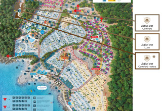Mappa di KRK Premium Camping Resort con posizione delle tende safari e delle principali strutture.