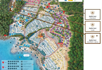 Plan du KRK Premium Camping Resort avec emplacements des tentes safari et principales installations.