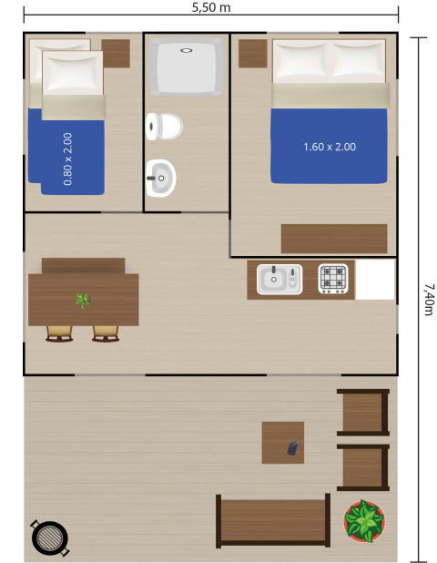Plattegrond van een safaritent met twee slaapkamers, badkamer, keuken en eetruimte voor bezoekers.