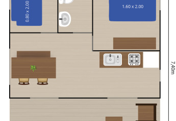 Plano de tienda safari con dos dormitorios, baño, cocina y comedor integrados en un espacio compacto.