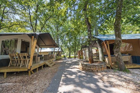Tentes safari avec sanitaires au Camping Aminess Maravea en Croatie, entourées d’arbres et d’allées.