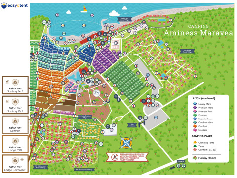 Campingplatzplan von Aminess Maravea mit farbigen Bereichen für Zelte, Ferienhäuser und Sanitäranlagen.