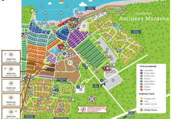 Mapa del camping Aminess Maravea con zonas para tiendas safari, glamping, parcelas y servicios señalados.