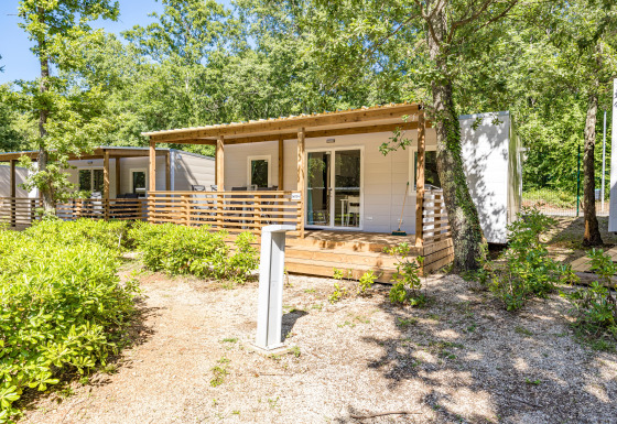 Chalet moderne nommé Mobile home Funtana avec terrasse en bois, entouré d’arbres et de végétation.