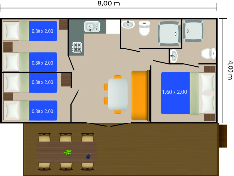 Plano de una cabaña móvil en Camping Bijela Uvala, Croacia, con habitaciones, baño, cocina y comedor exterior.