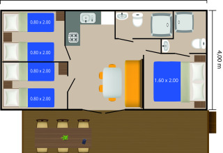 Plano de una cabaña móvil en Camping Bijela Uvala, Croacia, con habitaciones, baño, cocina y comedor exterior.