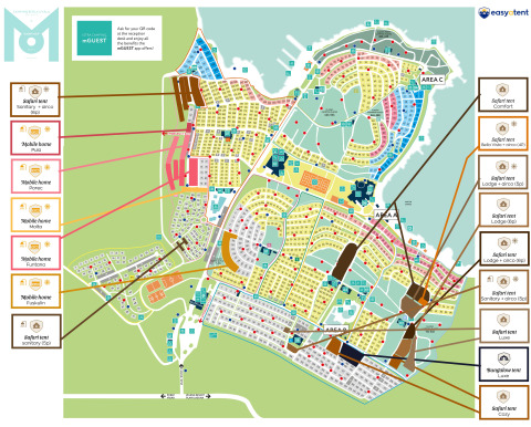 Mapa de un sitio de glamping con zonas codificadas por colores e iconos para diferentes alojamientos.