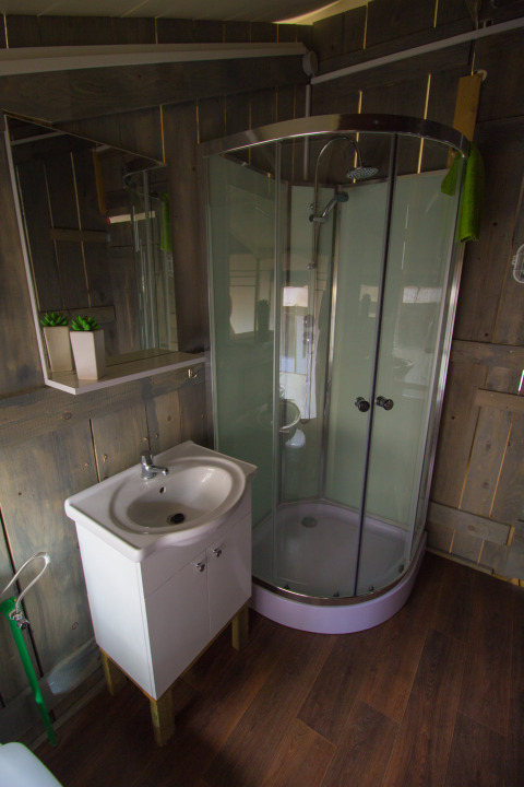 Baño interior de una tienda safari con ducha de vidrio curvada, lavabo pequeño y paredes de madera.