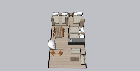Plano del Safari Tent Lodge en Camping Bijela Uvala, Croacia, mostrando áreas de dormir, cocina y salón.