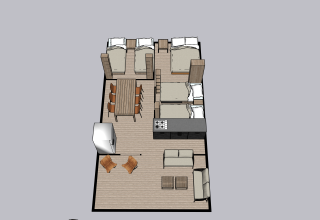 Plano del Safari Tent Lodge en Camping Bijela Uvala, Croacia, mostrando áreas de dormir, cocina y salón.
