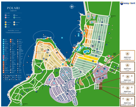 Mappa del campeggio Polari con posizioni delle tende safari, zone e servizi rappresentati con icone.