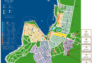 Mappa del campeggio Polari con posizioni delle tende safari, zone e servizi rappresentati con icone.