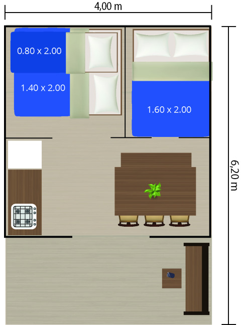 Plano de Safari tent Cozy mostrando las camas con medidas en metros, mesa de comedor, cocina y zona de estar.