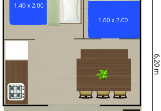 Floor plan of Safari tent Cozy, showing bed sizes in meters, dining table, small kitchen, and seating area.