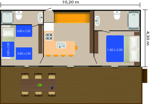 Grundriss von Mobile home Pula, Camping Bijela Uvala, Kroatien, mit Betten, Küche und Badezimmern abgebildet.