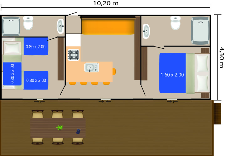 Plano de la casa móvil Pula en Camping Bijela Uvala, Croacia, con dormitorios, cocina y baños detallados.