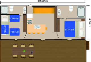 Grundriss von Mobile home Pula, Camping Bijela Uvala, Kroatien, mit Betten, Küche und Badezimmern abgebildet.