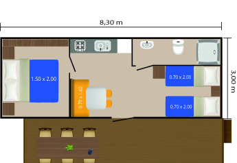 Planimetria della Mobile Home Fuskulin al Camping Bijela Uvala in Croazia con letti e misure visibili.