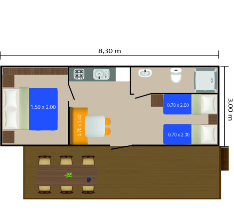 Plano de una cabaña Mobile Home Fuskulin en Camping Bijela Uvala, Croacia, con camas y dimensiones indicadas.
