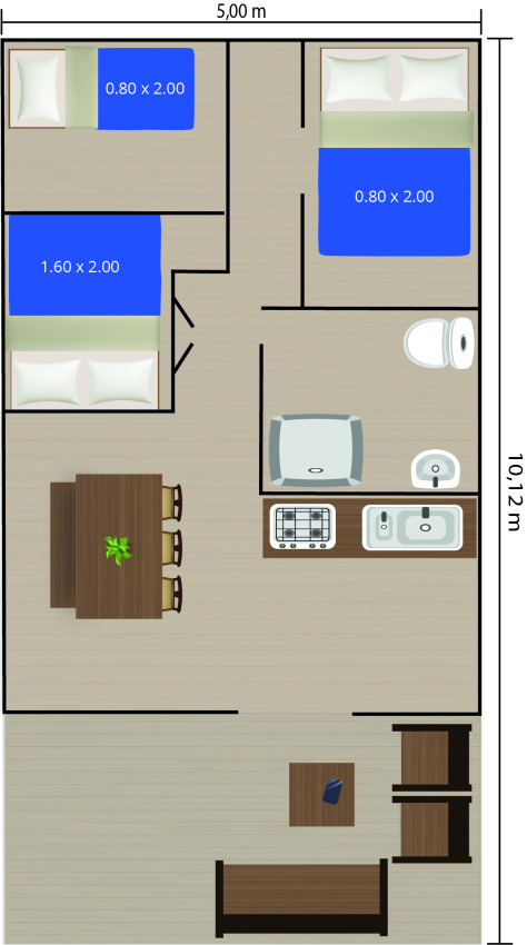 Grondplan van safaritent met twee slaapkamers, badkamer, keuken, eetruimte en terras.